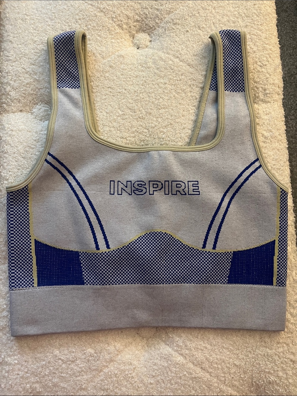 Fabletics Inspire Seamless Crop Bra — Light Gray, Navy & Pale Yellow